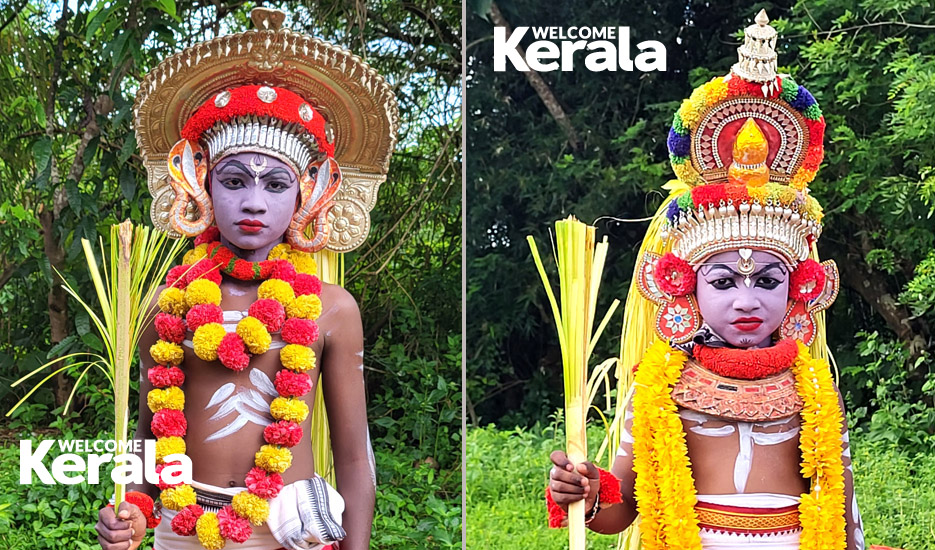Adithya G (left) and Jishaan G as Jogi Theyyam, Goliyadkka