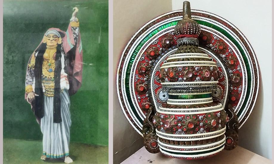 Left- Poomully Sankunni Nair (1886-1965) as Lalitha in Kathakali;  Right- The Kathakali headgear which Pomully Sankunni Nair passed on to his son in 1953