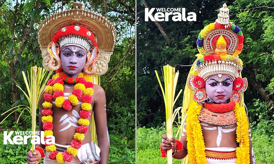 Adithya G (left) and Jishaan G as Jogi Theyyam, Goliyadkka
