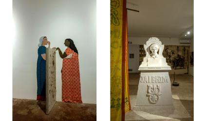 Left:  Title- Staged Narratives, Aswathy GS, Raja Ravi Varma College of Fine Arts, Mavelikkara, Kerala; Right: Title- Ginning Justice, 2025, Kailash Khanjode, Government College of Art, Nagpur, Maharashtra