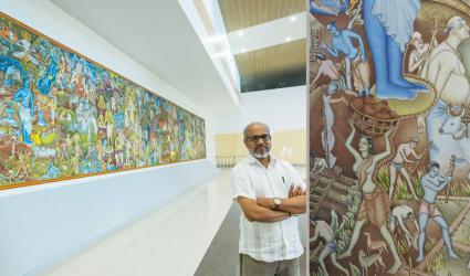 The mural at the airport with Artist P K Sadanandan (left) and a detailed portion of the painting (right)